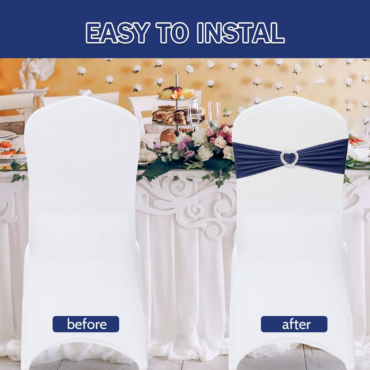 Howhic Pack of 120 Spandex Chair Sashes Bows Stretch Chair Cover Band with Buckle Slider Universal