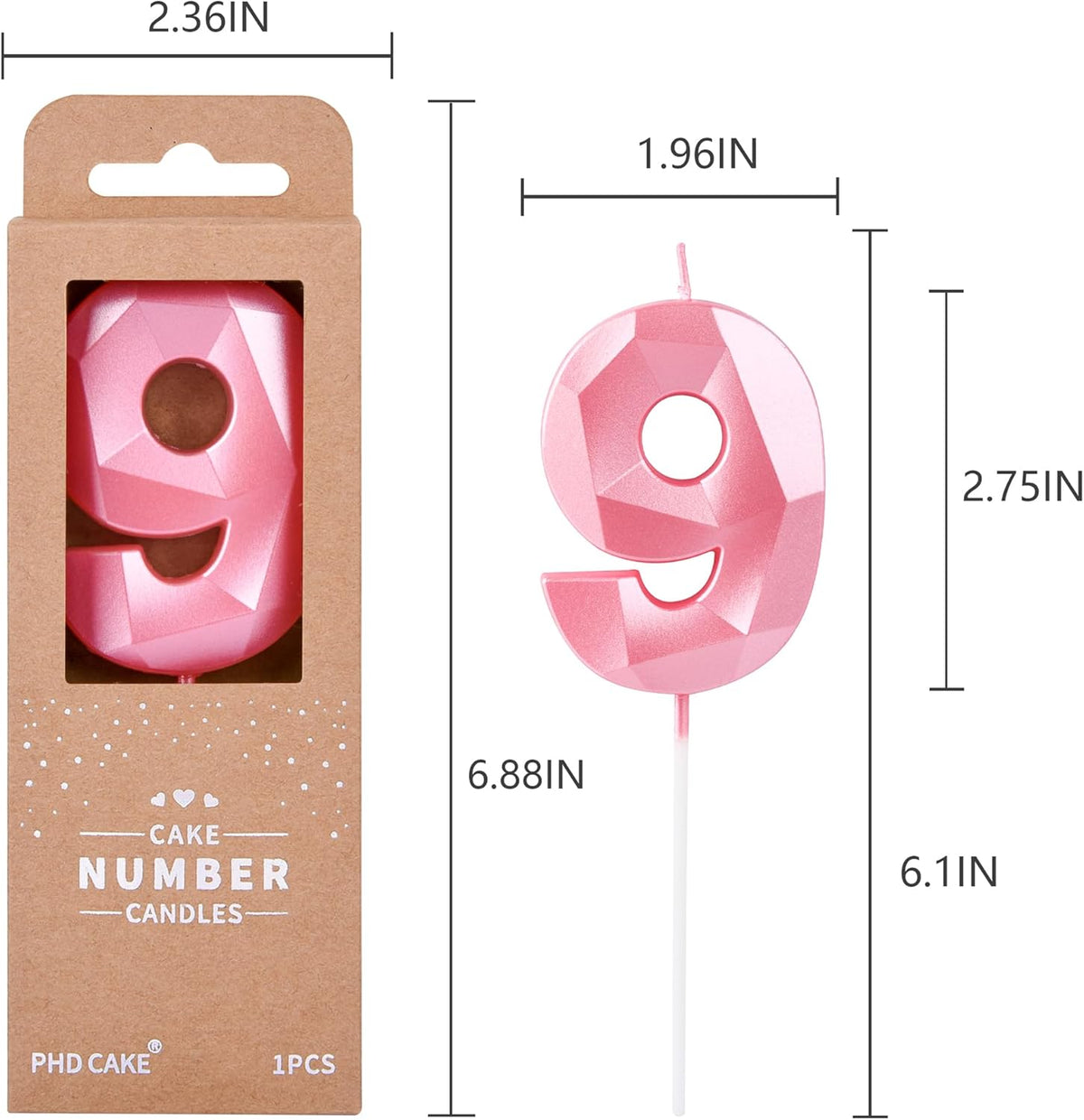 PHD CAKE 2.76 Inch Crystal Pink 9 Number Birthday Candles, Pink Number Candles, Cake Number