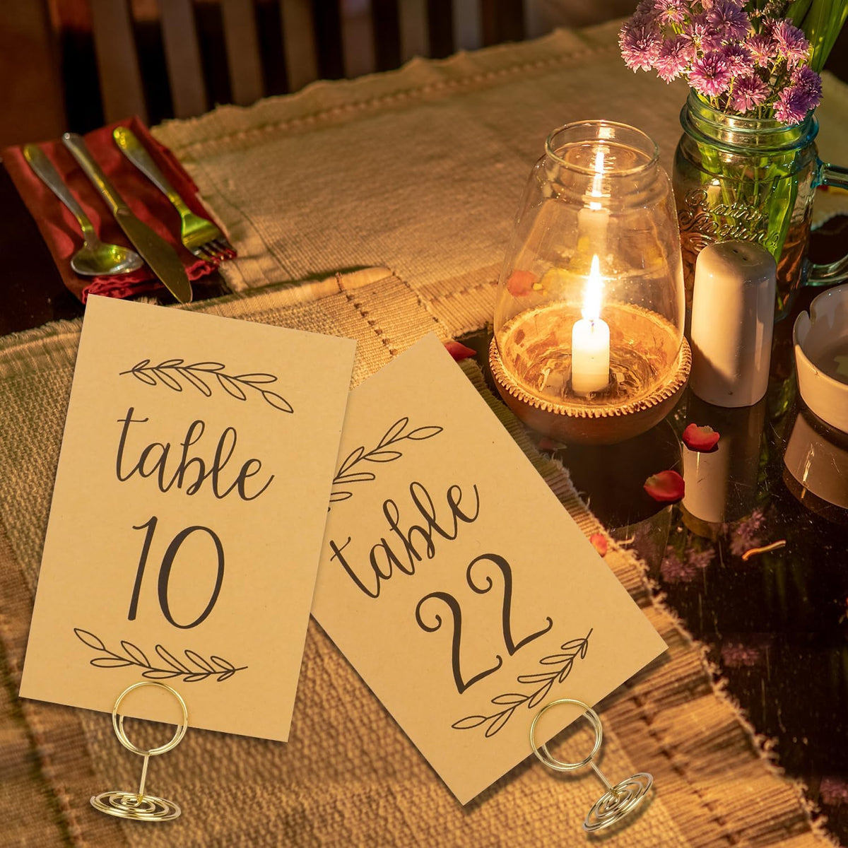 Wedding Table Numbers 1-25, 25 Karft Cards with 25 Gold Holders, 1 Set of 25 Table Numbers for
