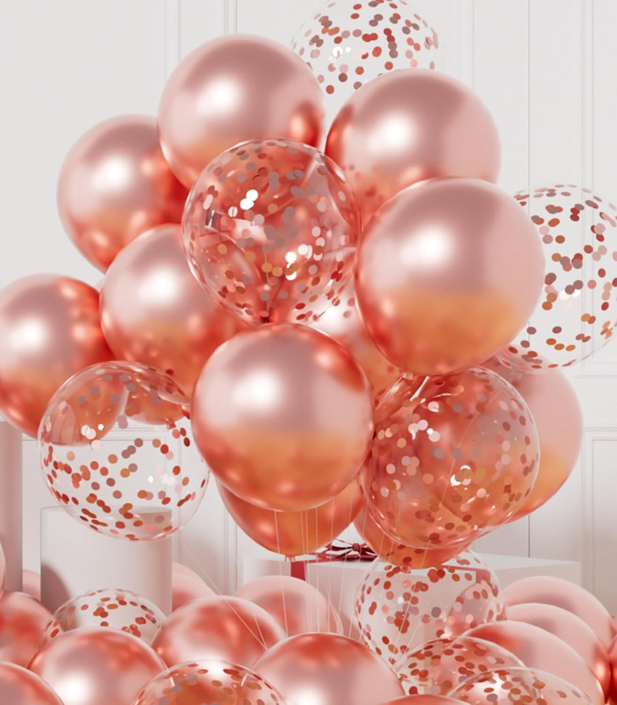 AULE Party Balloons Pack of 42 - Metallic Chrome Rose Gold Balloons and Rose Gold Confetti Latex