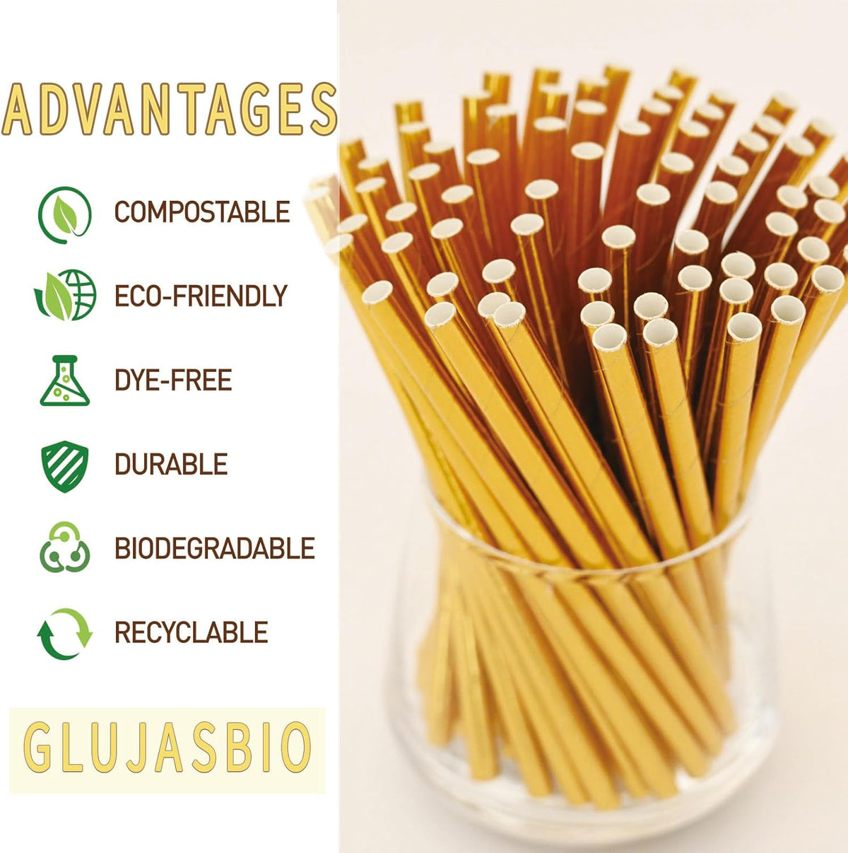 5.75 Inch Short Cocktail Gold Straws, Compostable Coffee Stirrers Straws, Paper Drinking Straws for