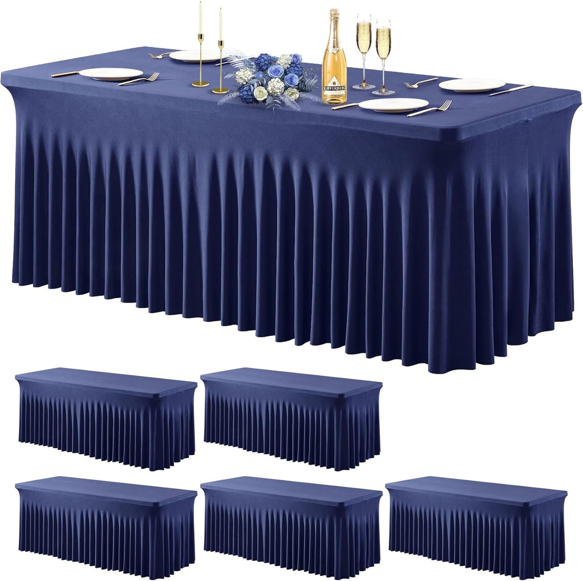 6 Pack Navy Blue Stretch Spandex Table Clothes for 6 Foot Rectangle Tables, 6FT Wrinkle Free Fitted