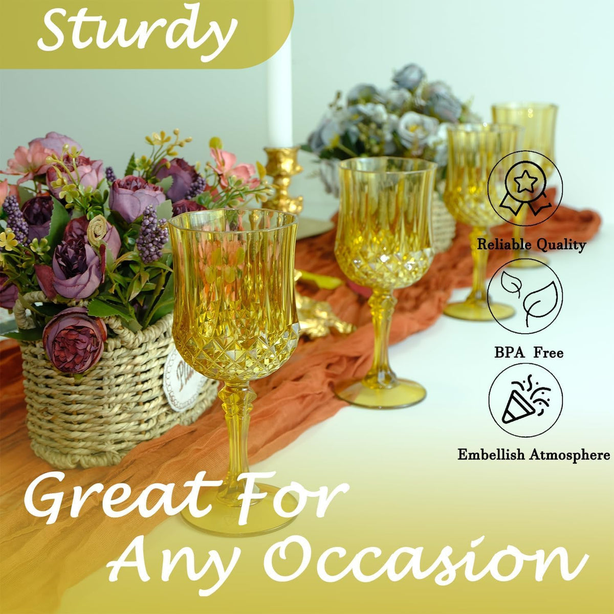 Plastic Wine Glasses，100PCS Gold Plastic Goblets Vintage Style Cordial Drinking Glasses for Wedding