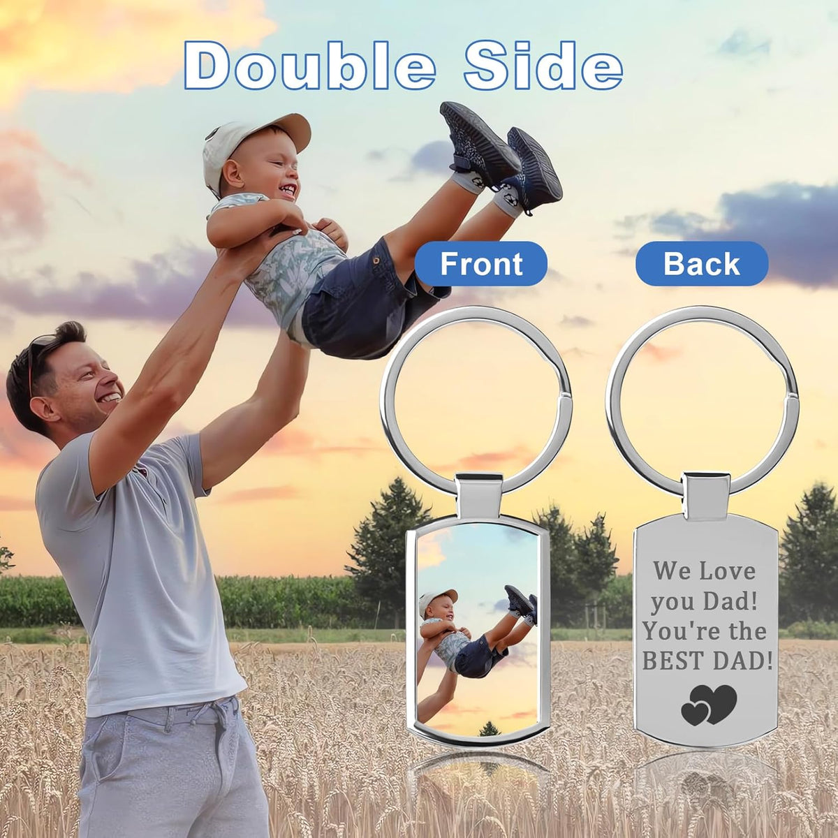 Double Side Custom Keychain with Picture Personalized Engraving Photo Text Customized Gifts for Men