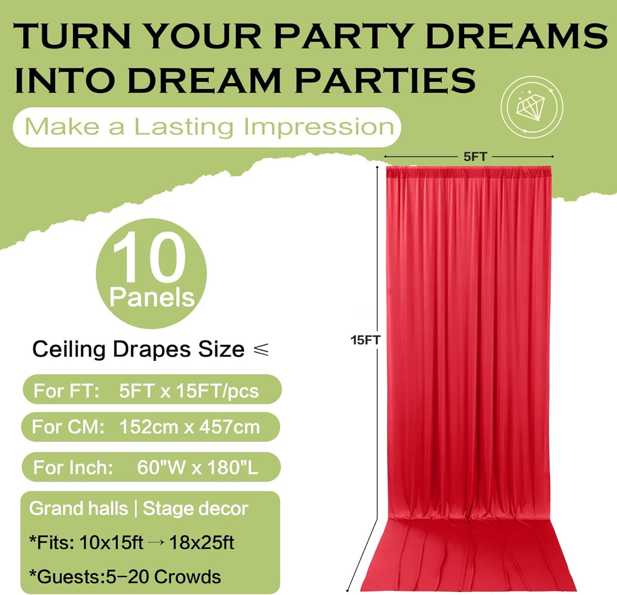 PartyVillage 50ft×15ft Red Backdrop Curtain for Wedding Parties, 10 Panels Wrinkle Free 15 FT Long