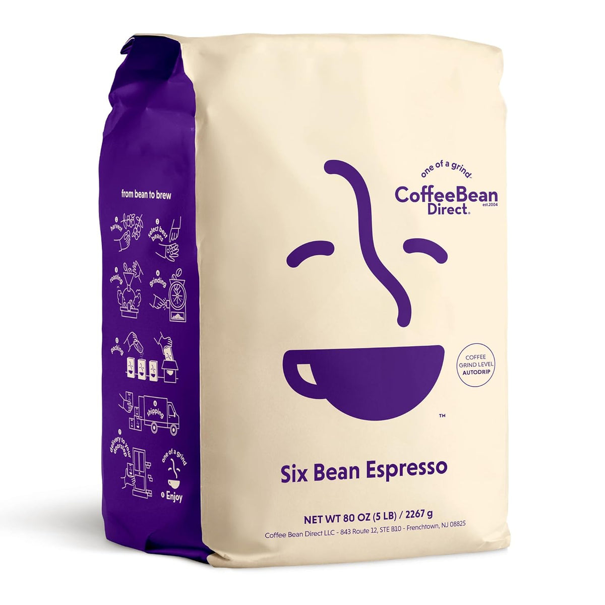 Coffee Bean Direct Six Bean Espresso, Ground Coffee, Dark Roast, 5 Pound Bag (Pack of 1)