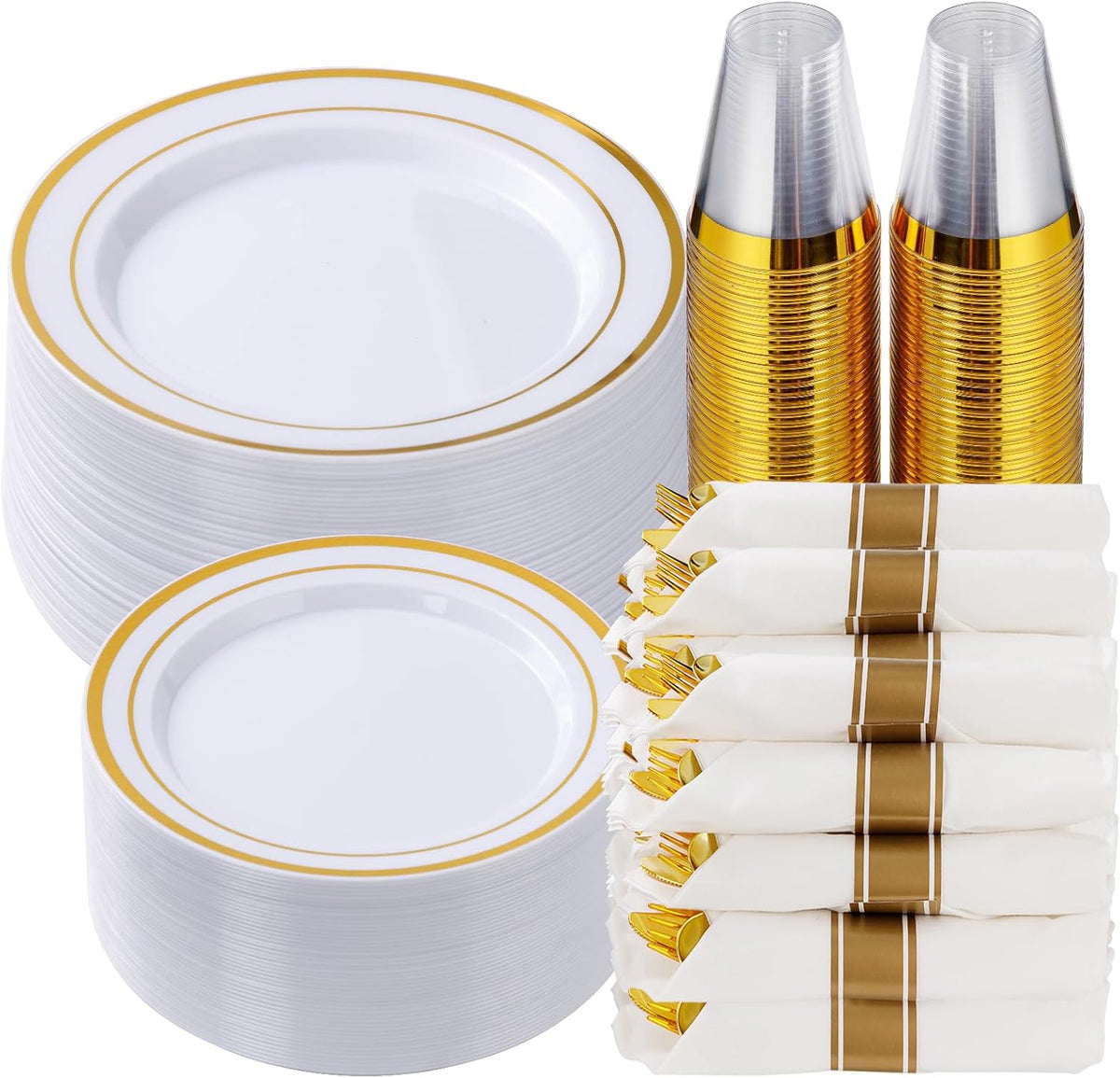 Goodluck 350 Piece Gold Plastic Dinnerware Set for 50 Guests, Fancy Disposable Plates for Party