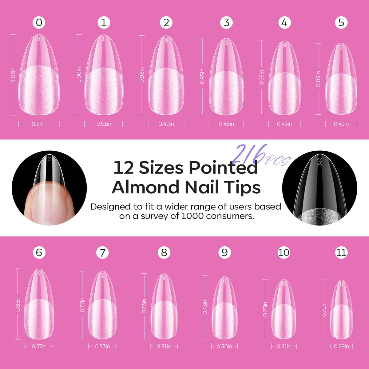 modelones Pointed Almond Nail Tips, Medium Pre-shaped Soft Gel Tips Fake Nails False Acrylic Clear