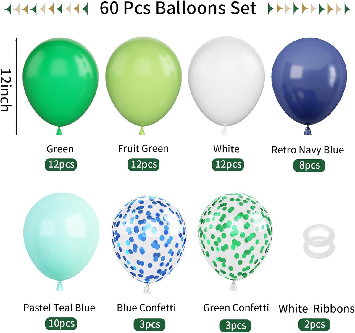 60Pcs Blue and Green Balloons, 12 Inch Navy Blue Fruit Green Confetti Balloons Teal Blue White