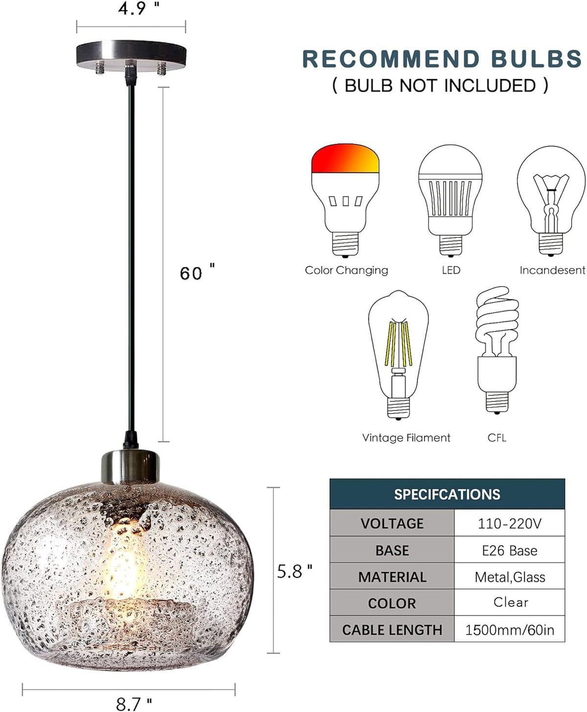 CASAMOTION Pendant Lights Kitchen Island,Clear Seeded Glass with Black Sand Powder,Modern Farmhouse