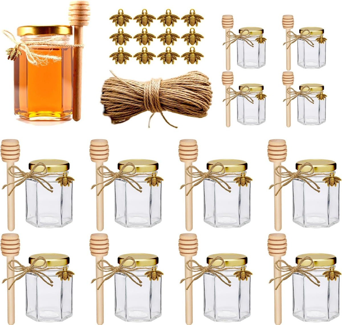 Adabocute 4oz Hexagonal Honey Jars - Glass Honey Jars with Gold Lids, Wooden Dippers, Bee Charms