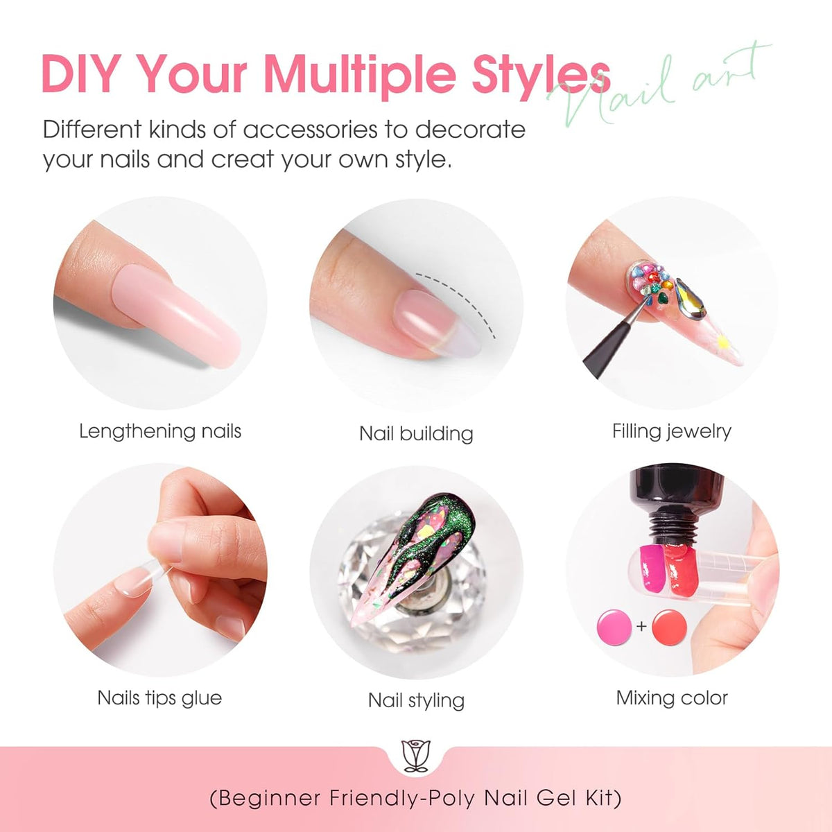 ROSALIND 14 Colors Poly Nail Gel Kit with Mini Nail Lamp Pink Brown Poly Nails Gel Kit Starter Kit