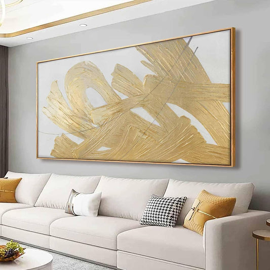 XIANSHOU Gold and White Canvas Wall Art Abstract Wall Artwork Neutral Wall Decor 36"x70" Large