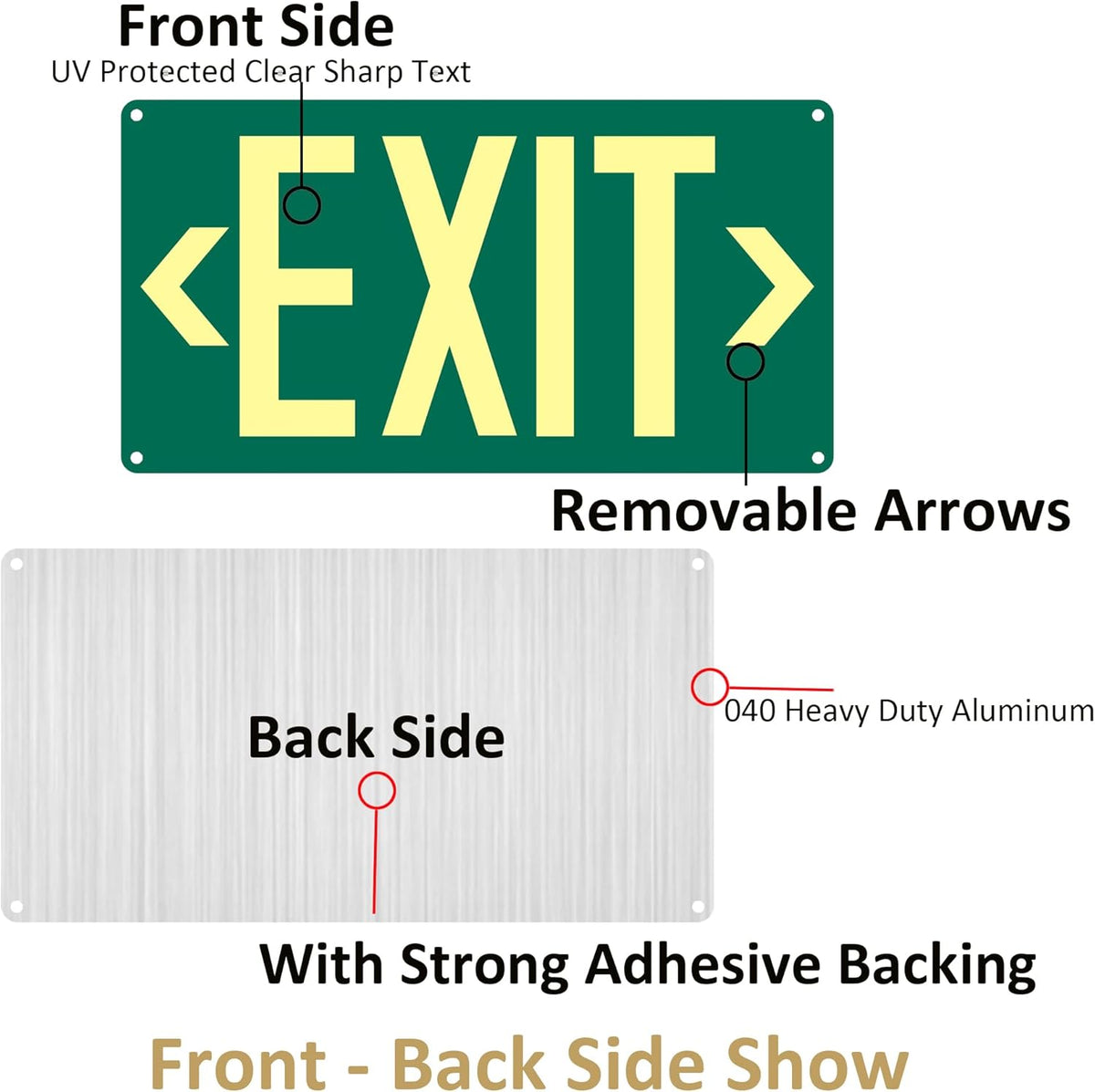 1Pack Photoluminescent Exit Sign Green - Aluminum -14.25"x 7.5" Glow In The Dark Adhesive Backing