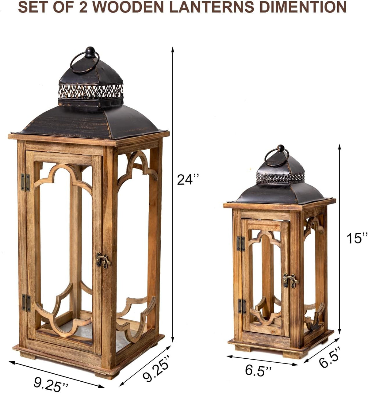 Large Farmhouse Decorative Wooden Lantern Set of 2, Rustic Brown Floor Lanterns, Indoor/Outdoor