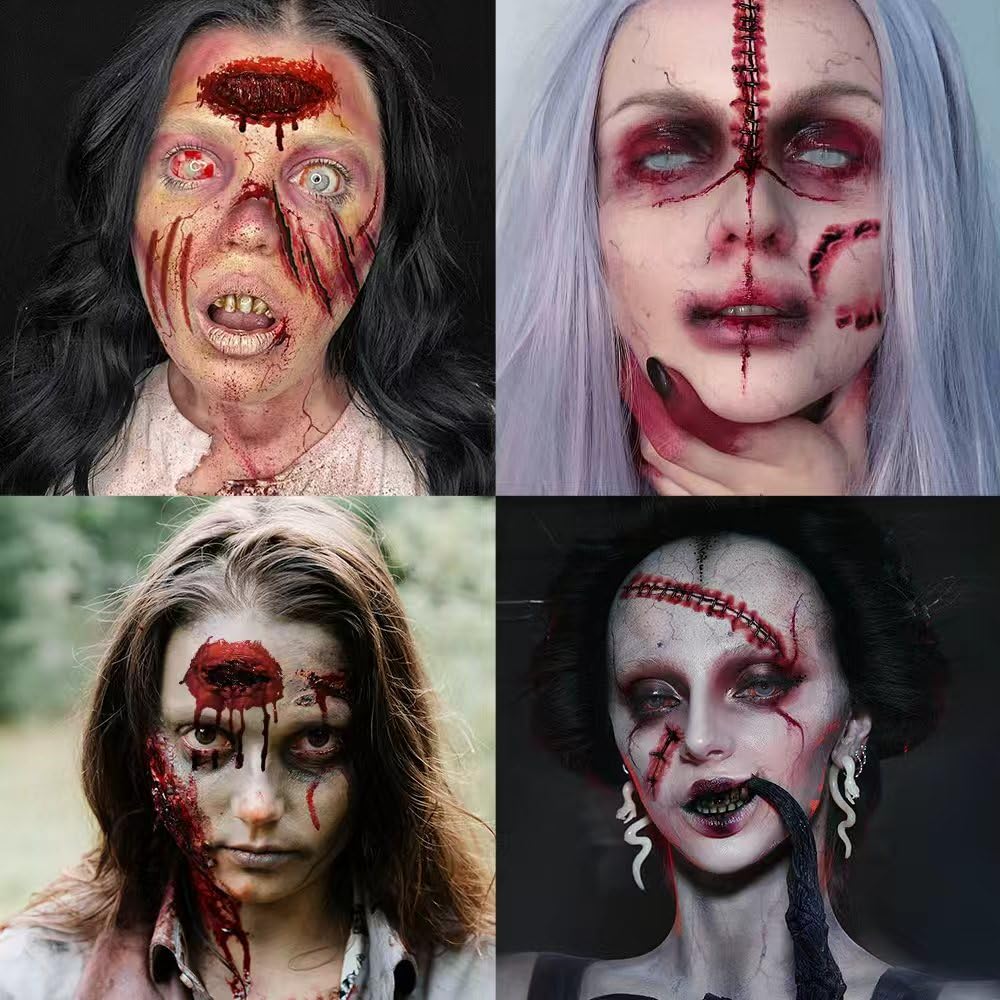 30 Sheets Scar Tattoos Temporary Halloween Makeup Kit, Large Size Fake Chucky Scars Stitches Bloody