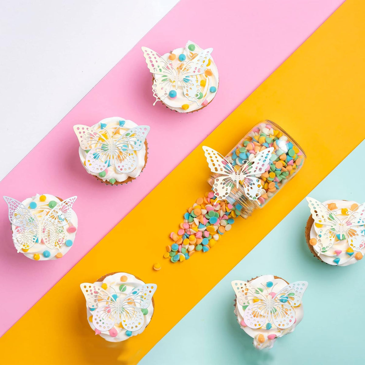 Gyufise 36 Pack Silver Laser 3D Butterfly Cupcake Toppers Hollow Cake Decorations for Birthday