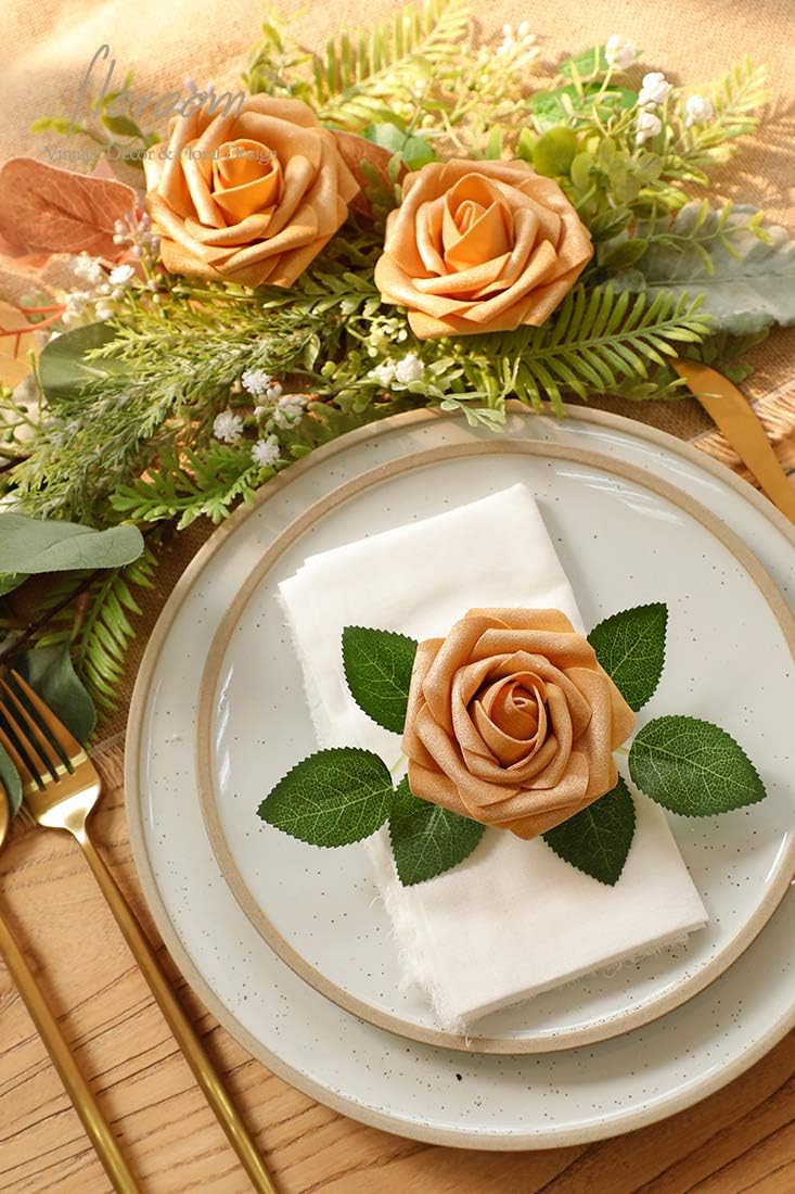 Floroom Artificial Flowers 25pcs Real Looking Gold Foam Fake Roses with Stems for DIY Wedding