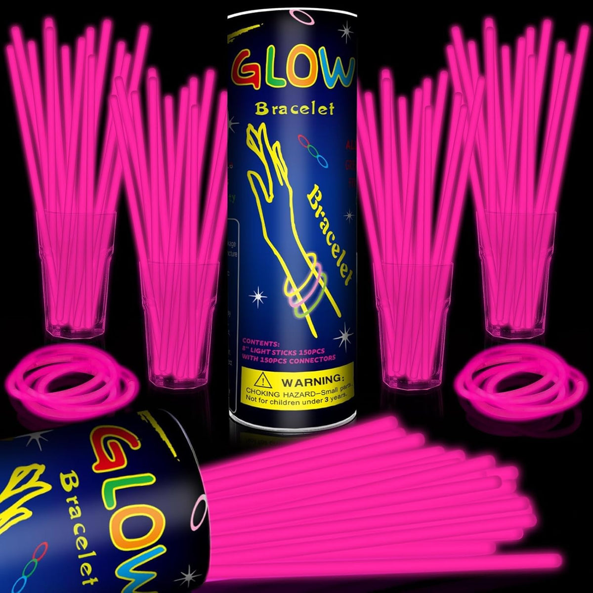 200 Pack 8'' Glow Sticks Bulk Party Favors Pink Light Up Sticks with Connectors Neon Glow in the