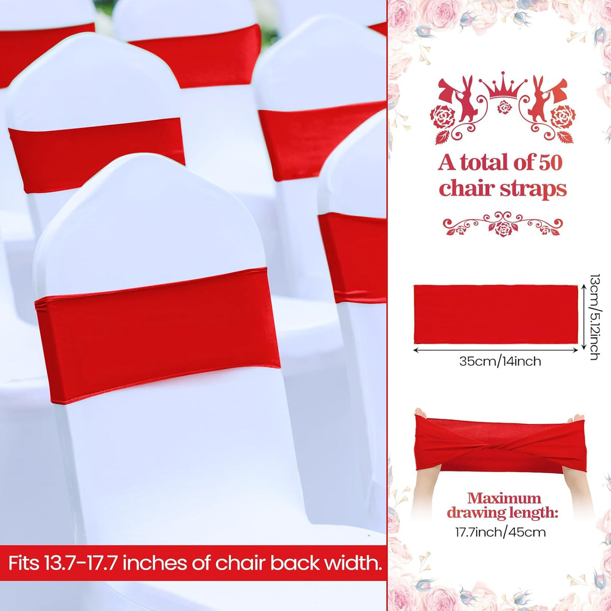 Kinlop 50 Pcs Spandex Chair Sashes Bows Chair Bands Slider Sashes for Covers Elastic Bands Ties