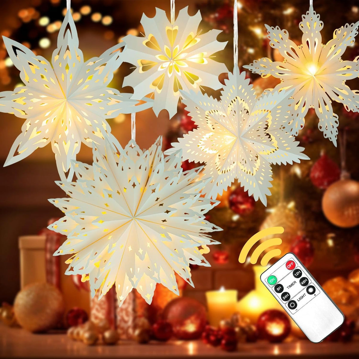 5 Pack Christmas Paper Snowflake Lanterns, Christmas Paper Star Lantern with LED Light White
