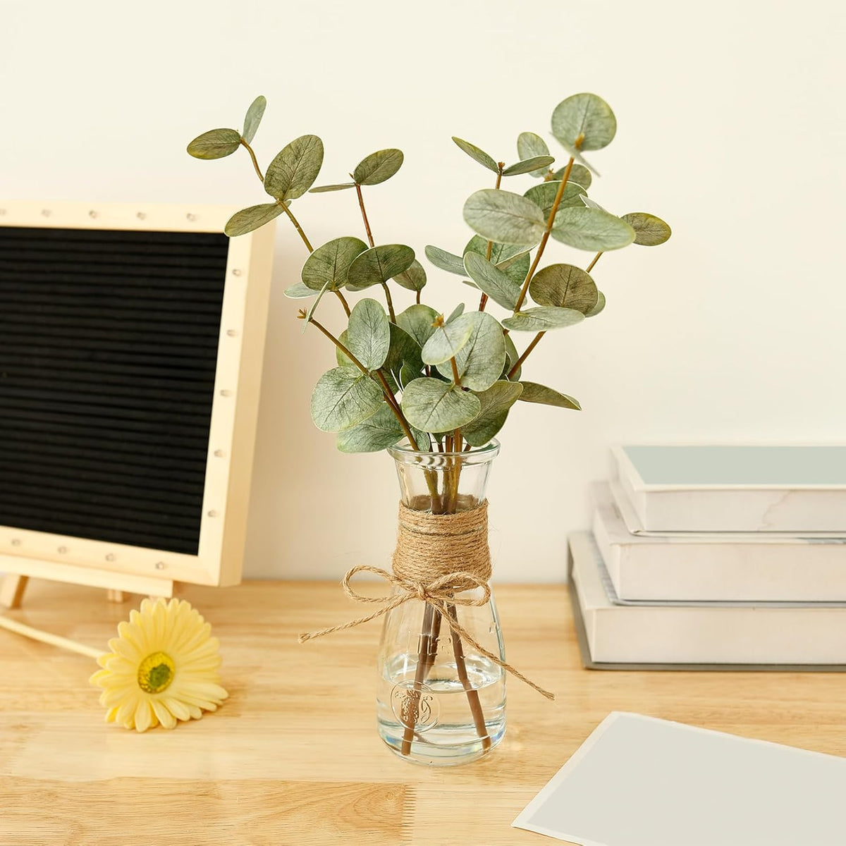 Artificial Eucalyptus Stems in Glass Vase Decorative Greenery Artificial Plant with Double Sided