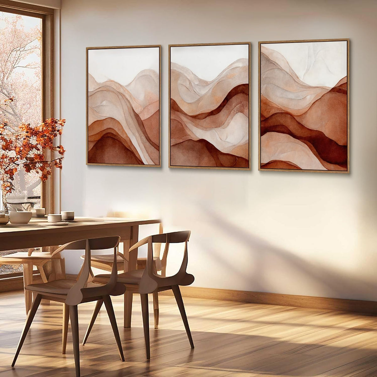 myusuar 3 Piece Large Abstract Framed Wall Art For Living Room, Smoke Texture Ink Warm Brown