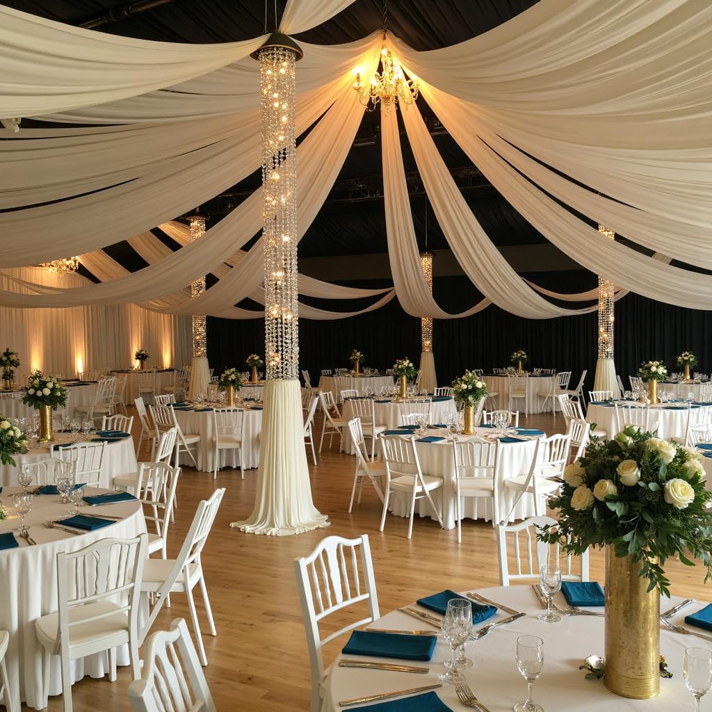 PartyVillage 10 Panels 5ftx30ft Ivory Ceiling Drapes for Wedding Parties – 30 FT Extra Long Thick