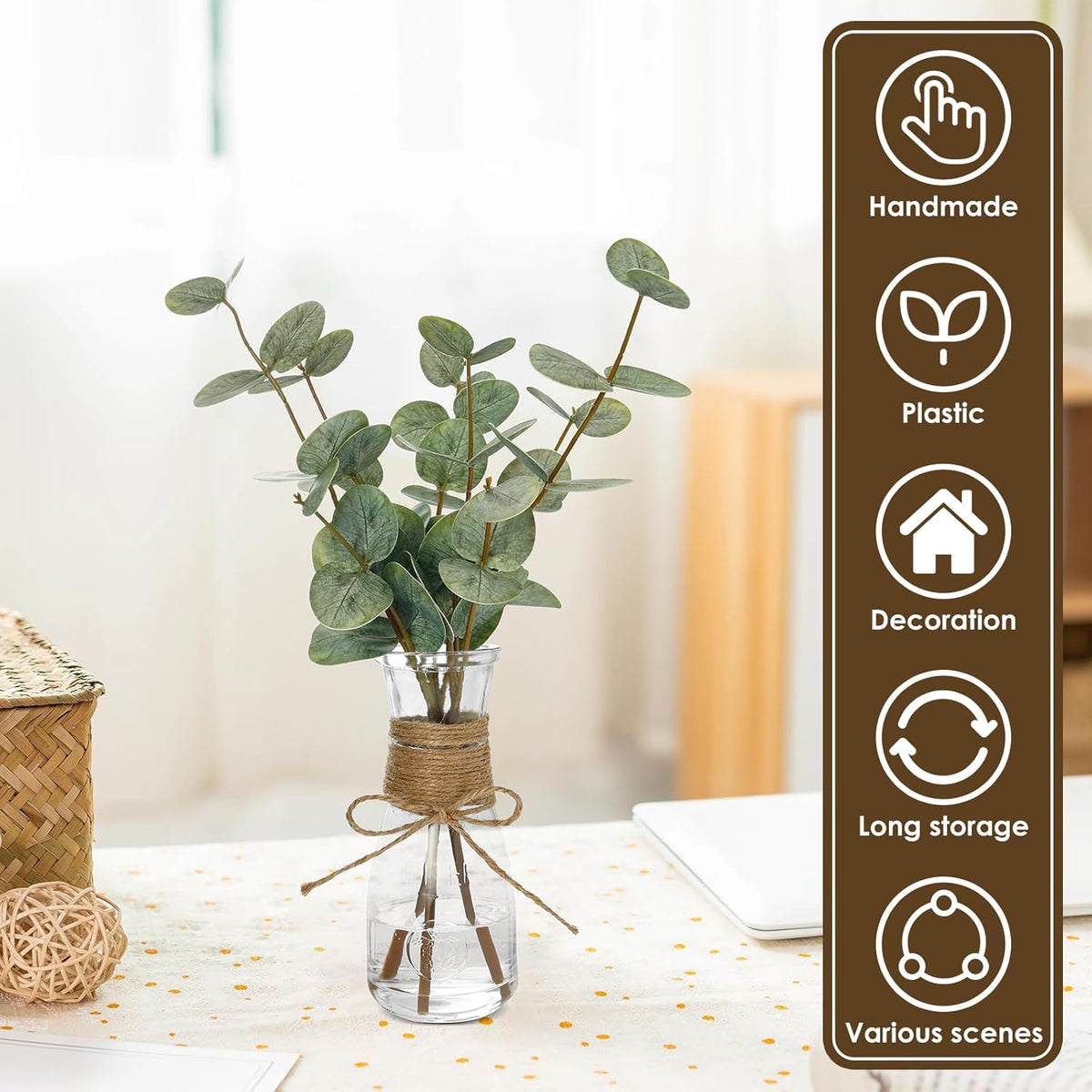 Artificial Eucalyptus Stems in Glass Vase Decorative Greenery Artificial Plant with Double Sided