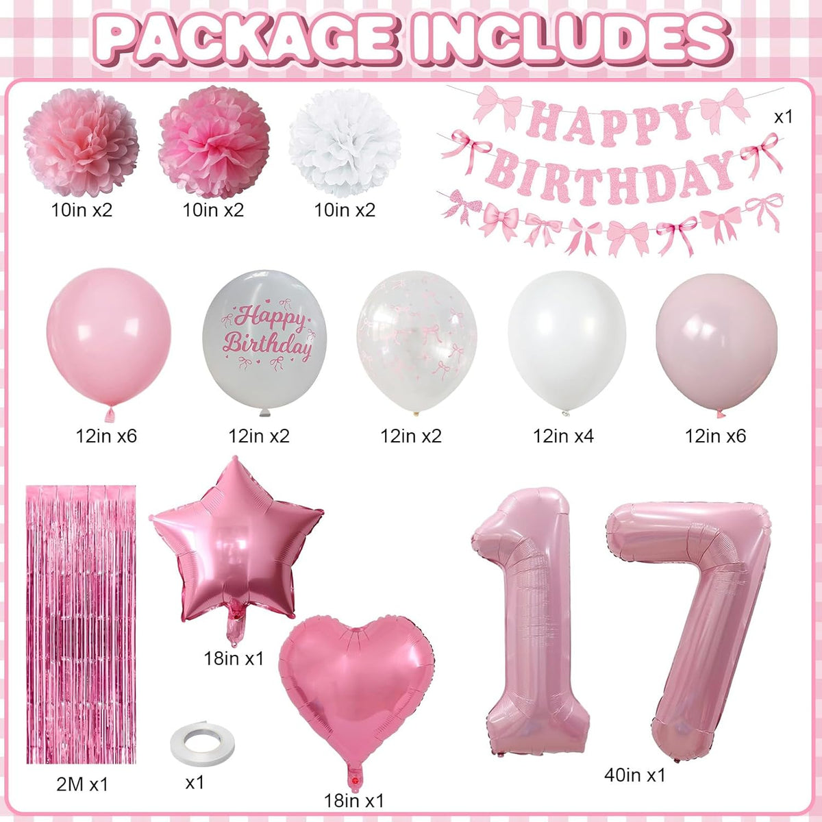 17th Birthday Decorations for Girls Pink Number 17 Balloon Bow Coquette Happy Birthday Banner