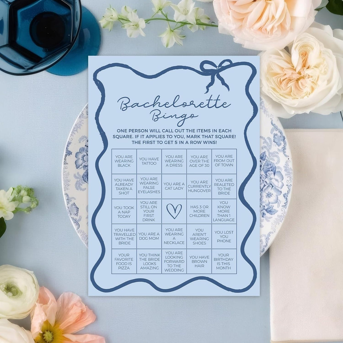 DEEKA 30 PCS Bridal Shower Games Card for 30 Guests Blue Wavy Border Ribbon Bow Funny Wedding