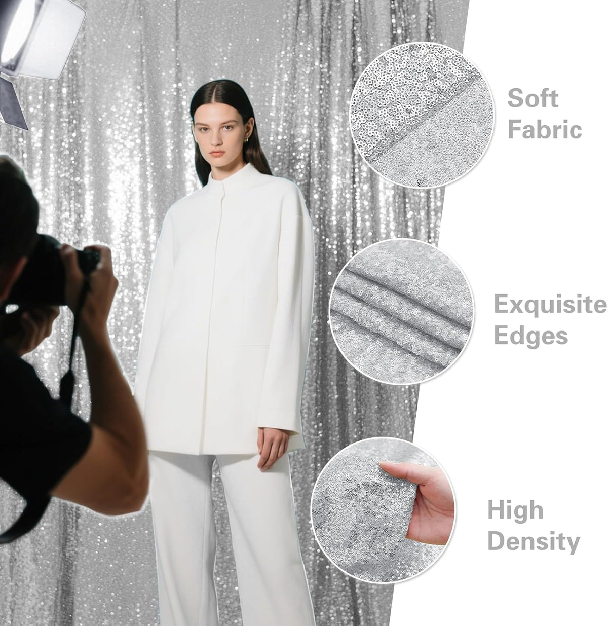 Silver Sequin Backdrop Curtain 4 Pieces 2FTx8FT Glitter Photography Backdrop for Party Wedding