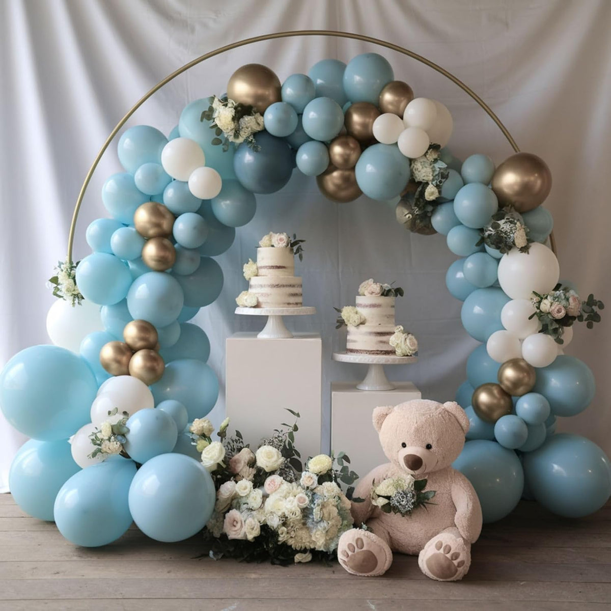 Dusty Blue and Gold Balloons, 12 Inch Blue Gold Balloons, Retro Fog Blue Metallic Golden White