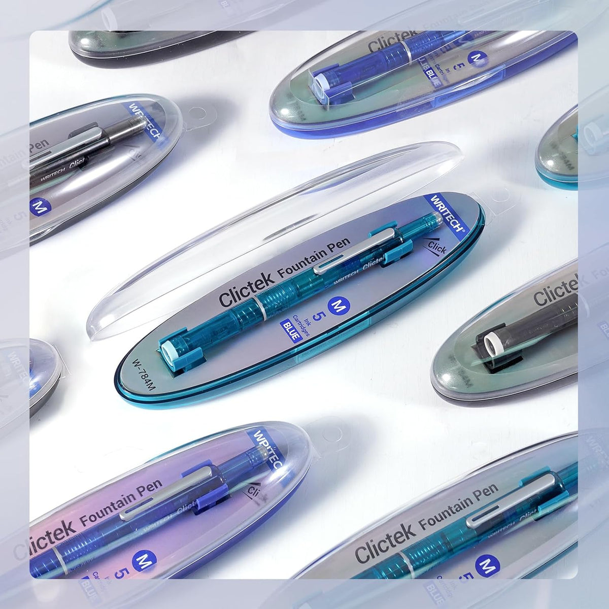 WRITECH Clictek Fountain Pen Retractable: Medium Nib Blue Ink Transparent Barrel Includes 5
