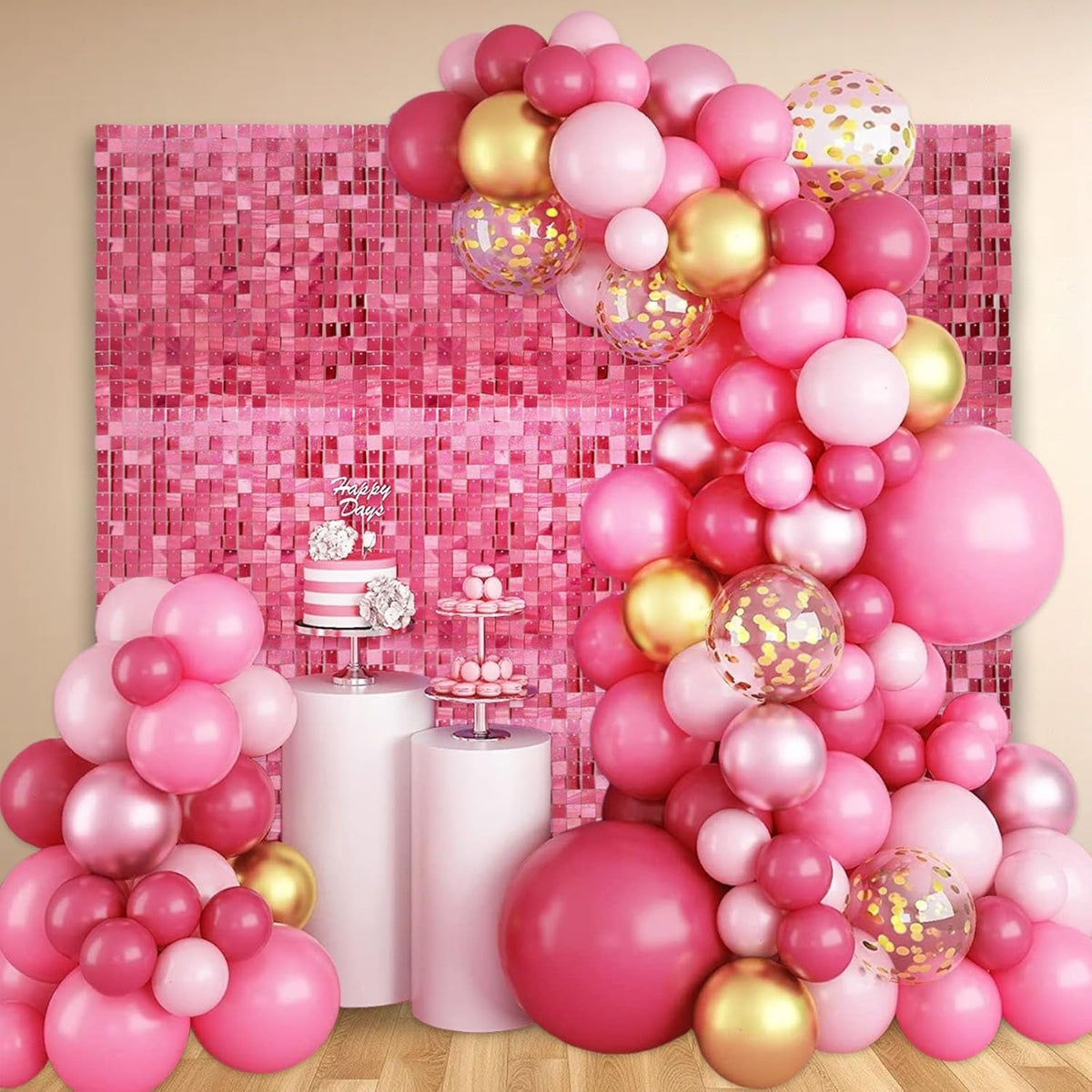 24PCS Deep Pink Shimmer Wall Backdrop, Laser Square Sequin Photo Backdrops Panel, Glitter Wall