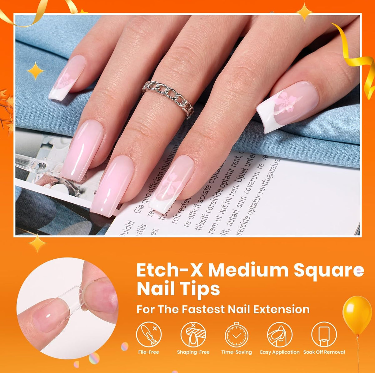 Beetles Gel Nail Tips Etch-X, Square Medium, 288Pcs 12 Sizes, Pre-Etched Half Matte Soft Acrylic