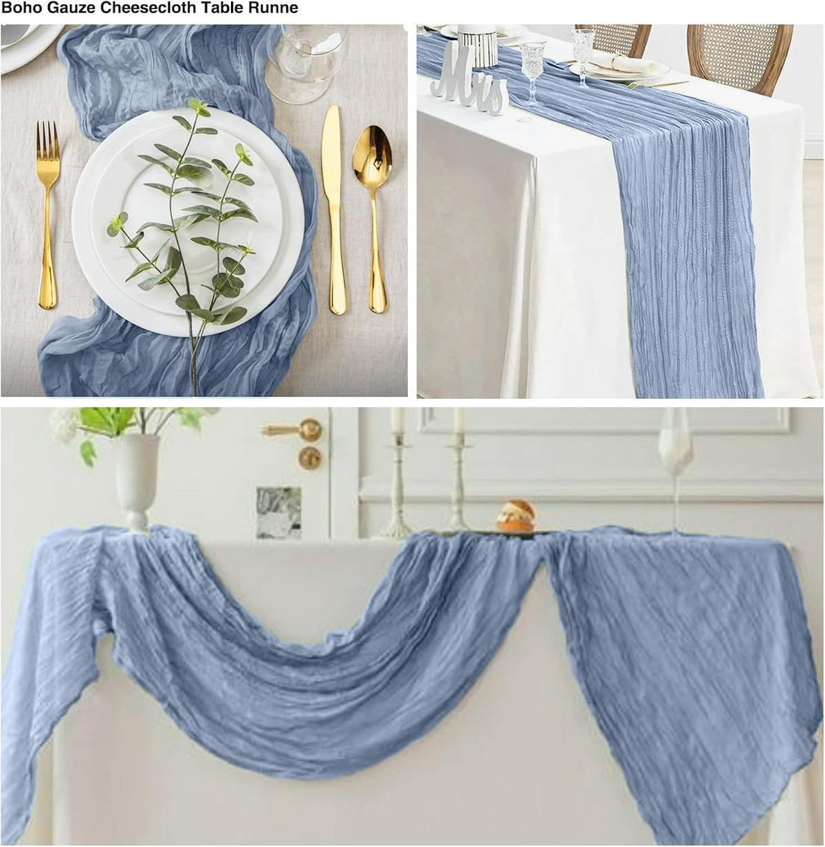 20 Pack Dusty Blue Cheesecloth Table Runner 17x108 Inch Boho Wrinkled Sheer Gauze Cheese Cloth