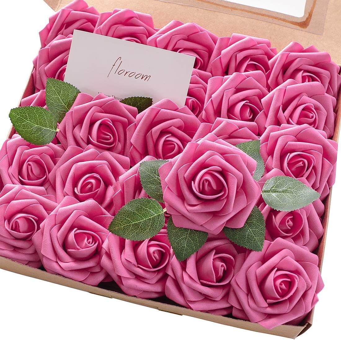 Floroom Artificial Flowers 25pcs Real Looking Hot Pink Foam Fake Roses with Stems for DIY Wedding
