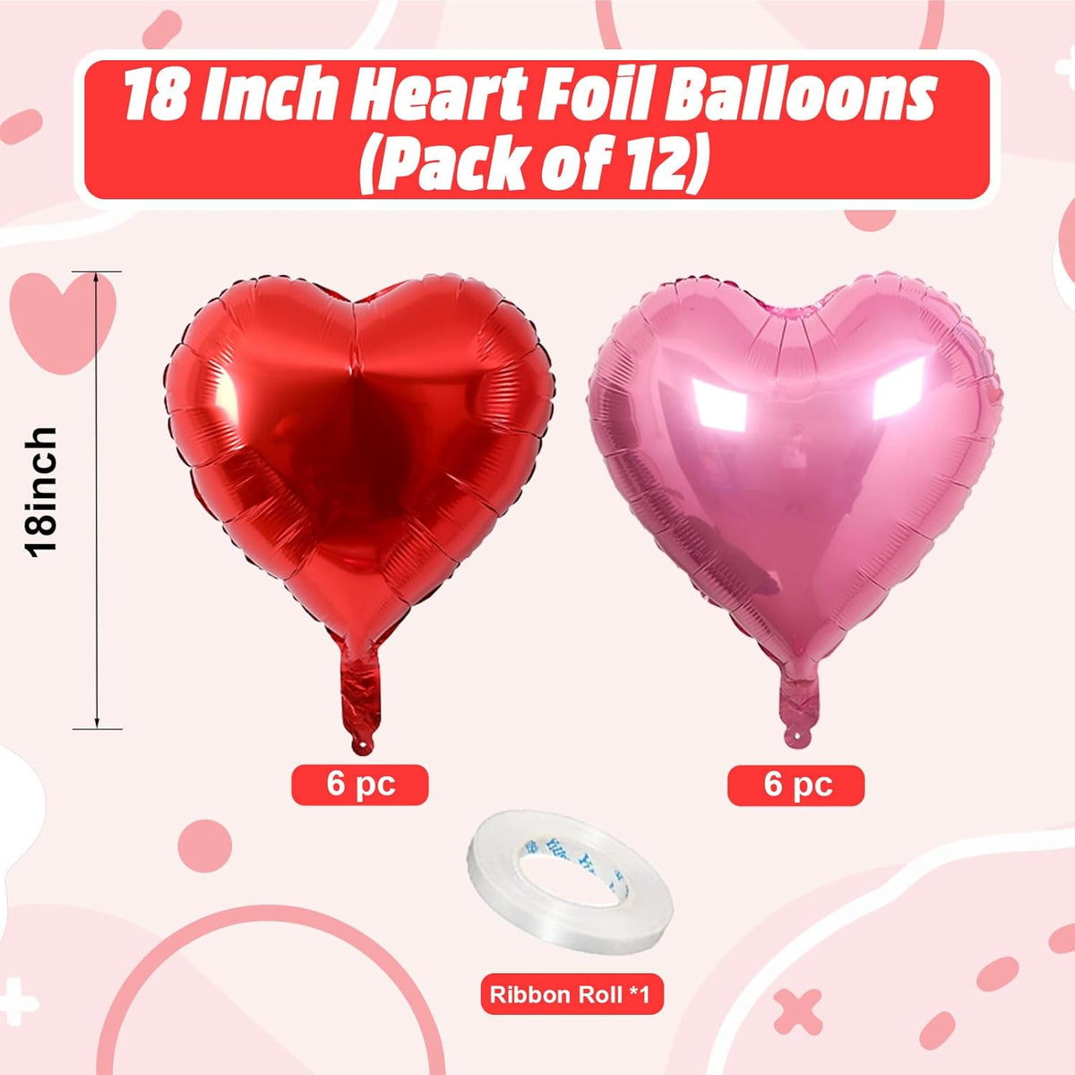 Pink Red Heart Balloons, 18 Inch Light Heart Foil Shape Balloon, 12PCS Pearl Red Pink Helium Foil