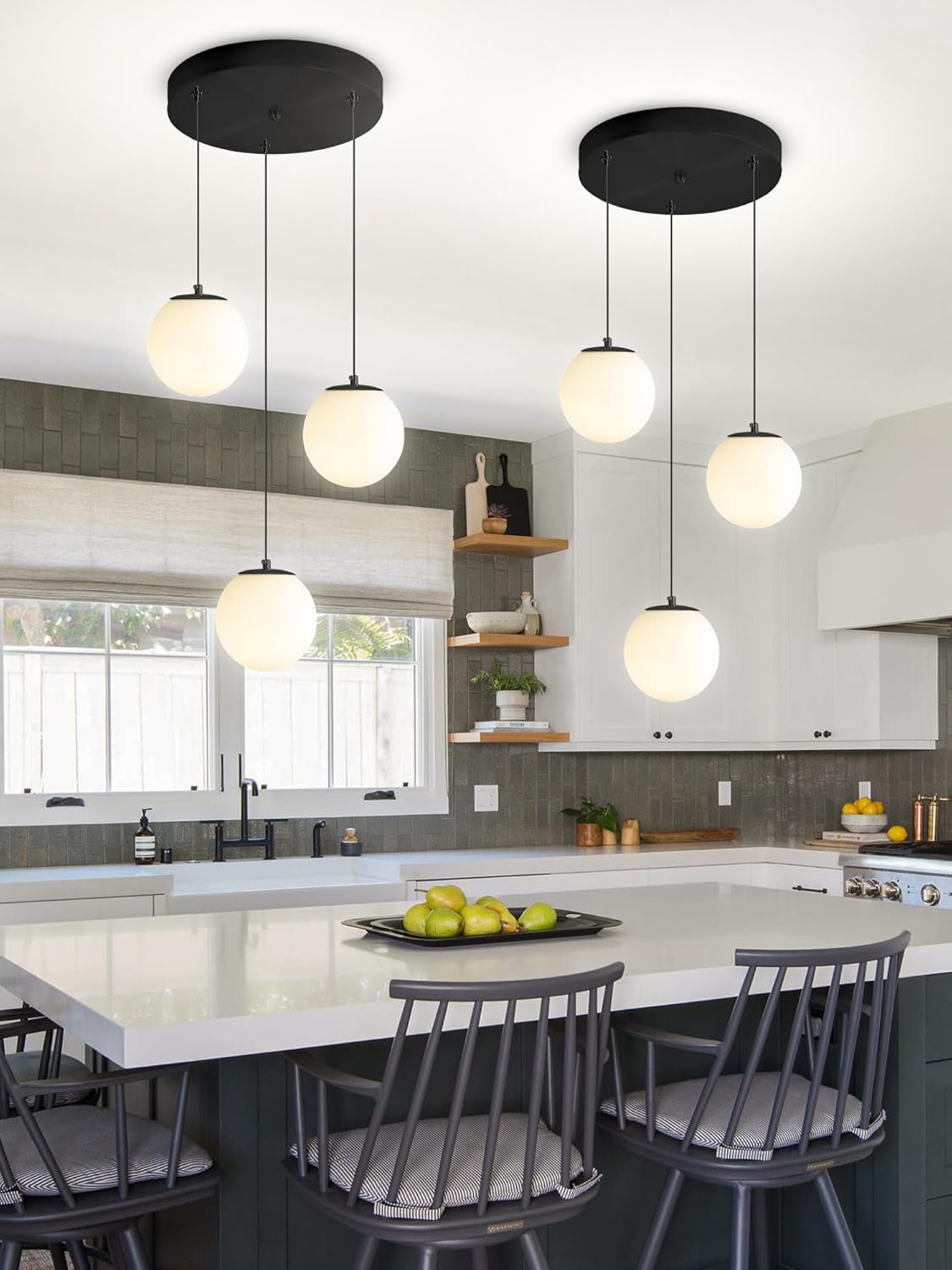 3-Lights Globe Glass Pendant Light Modern White Globe Glass Chandelier Mid Century Chandelier Black