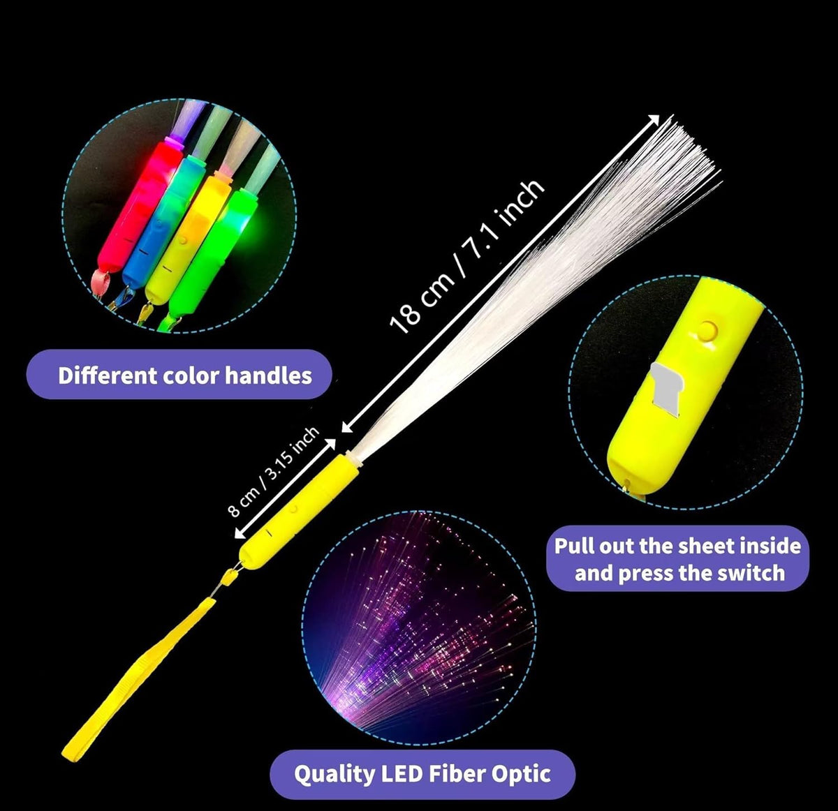 48 PCS Glow Fiber Wands Sticks LED Light Wands 3 Modes Flashing Fiber Optic Light Rod Bulk Fiber