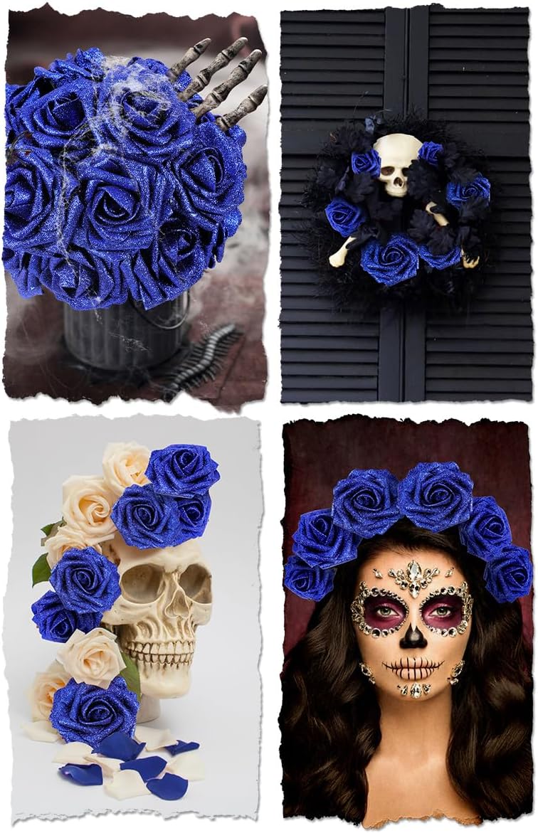N&T NIETING Artificial Flowers Glowing Navy Blue Flowers Foam 25pcs Glitter Roses Real Looking Fake