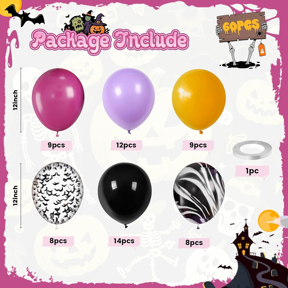 Halloween Balloons, 60pcs Purple Black Balloons, Purple Yellow Black Tie Dye Balloon With Bat