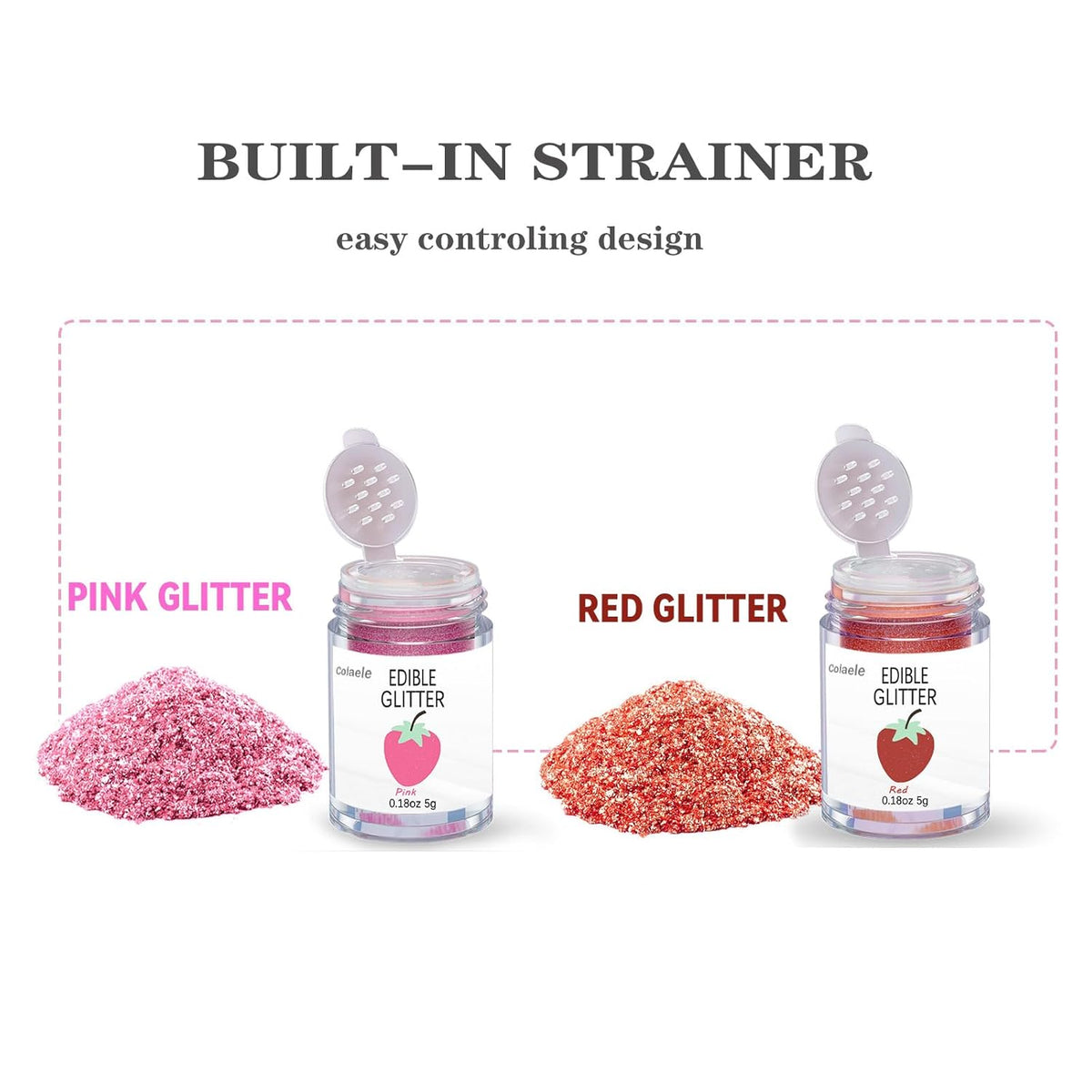 Red Pink Edible Glitter Glimmer Powder for Cakes Drinks - Valentine's Colaele 5 grams Food Grade