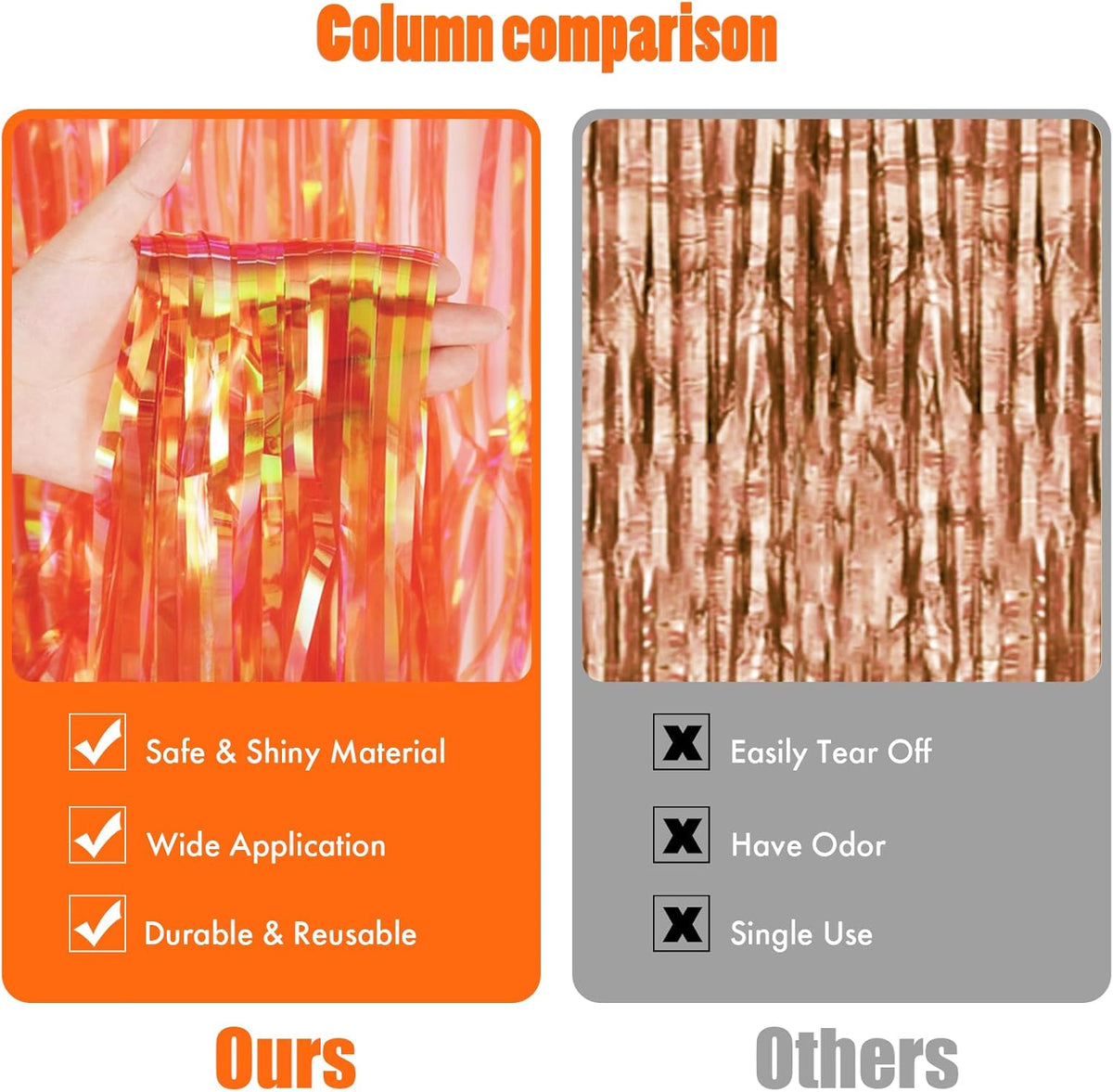 CANREVEL 2 Pack 3.2x6.5 Feet Iridescent Foil Fringe Backdrop Curtains, Clear Orange Tinsel Photo