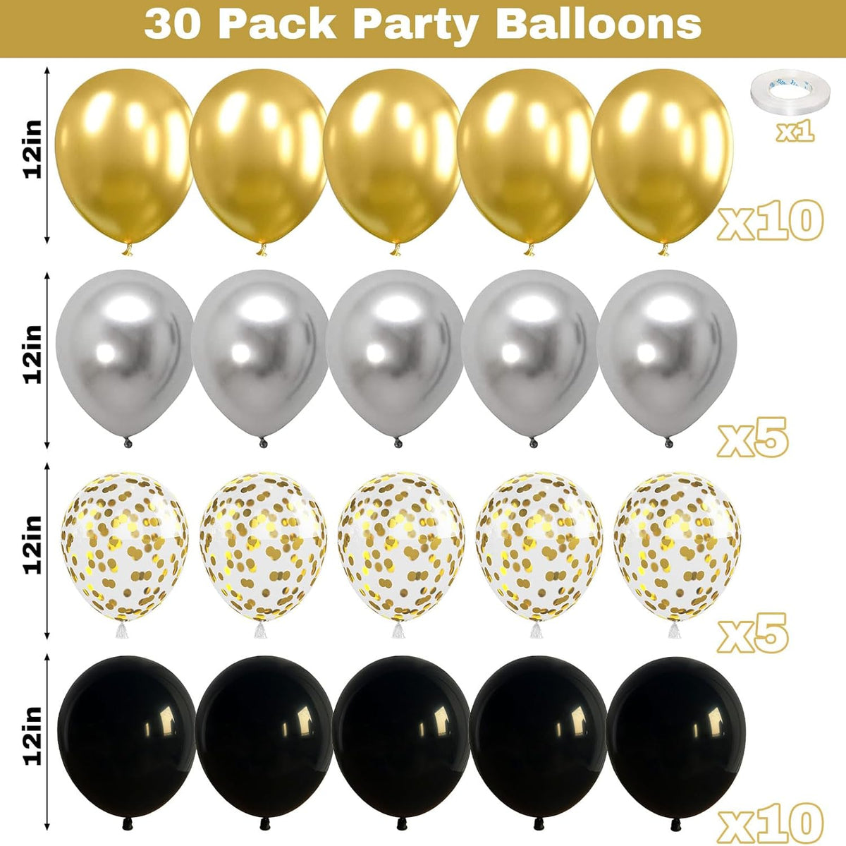 Latex Balloons with Gold Confetti Helium Party Balloons for Birthday Anniversary Wedding Retirement