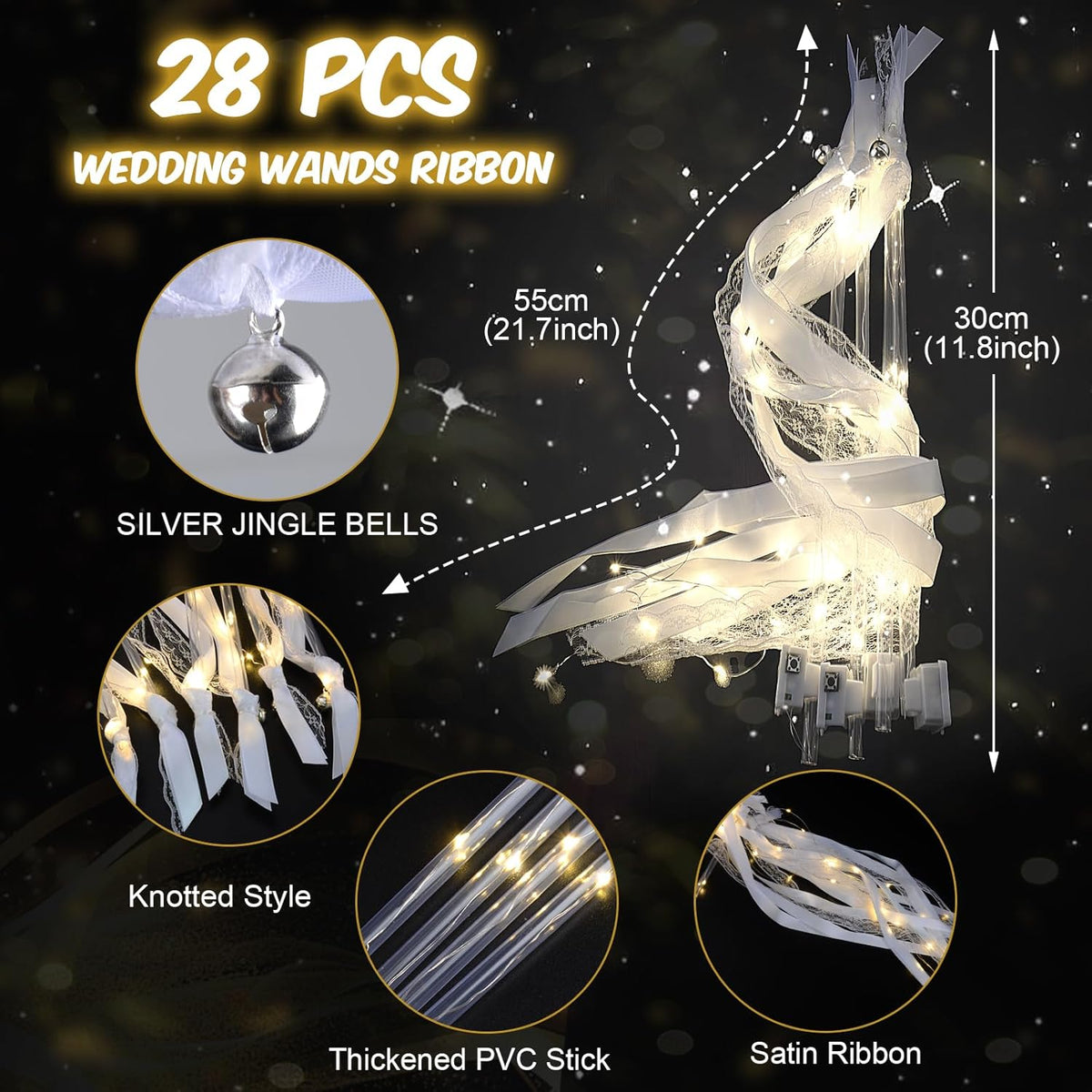 28PCS Light up Wands for wedding, Wedding Wands Streamers with 3 Colorful Flashing Modes, Fairy