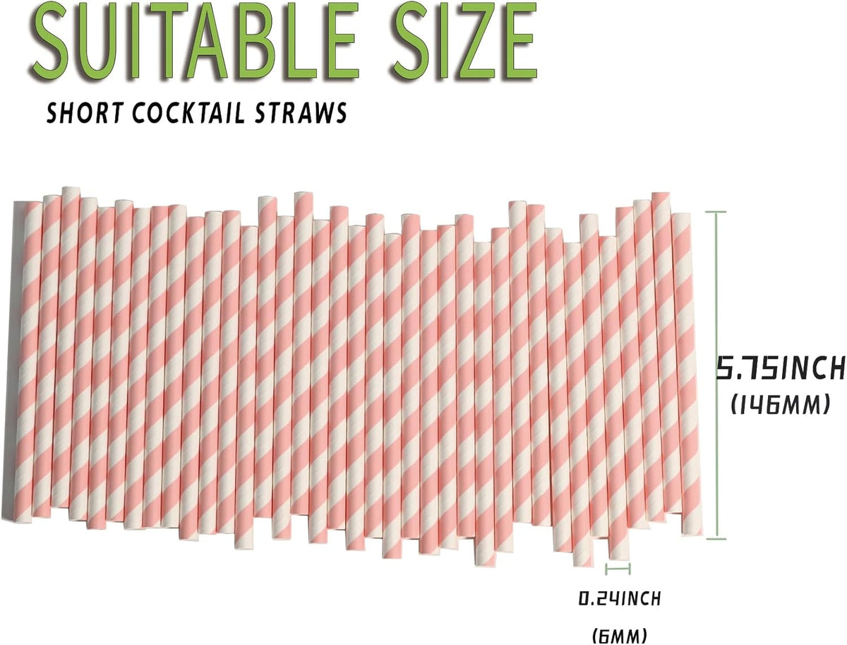 Paper Straws Disposable Pink White - Compostable Drinking Straws for Cocktail, Coffee, Party