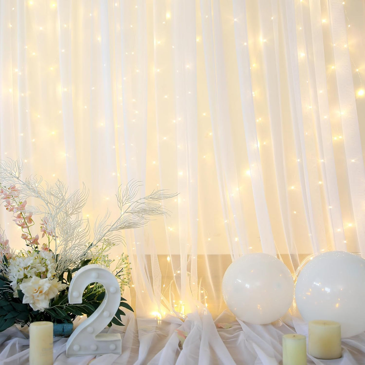 Suppromo White Tulle Backdrop Curtain with Lights String for Parites 20×8ft Sheer Curtains Wedding