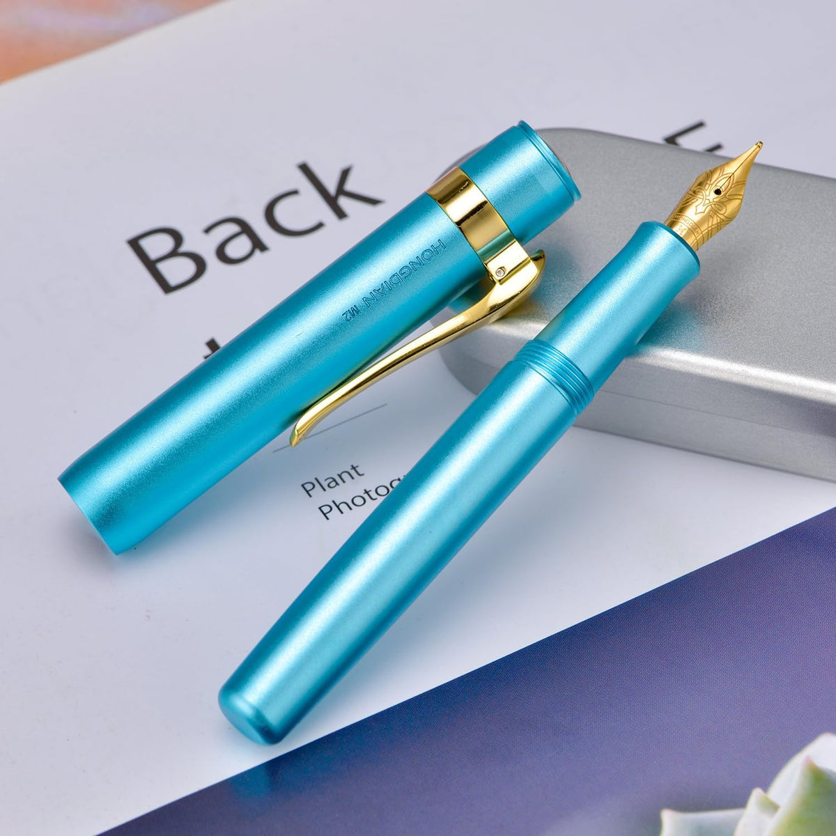 HONG DIAN M2 Black Forest Mini Fountain Pen, Medium Soft Nib & Sleek Shape Aluminium Short Pocket